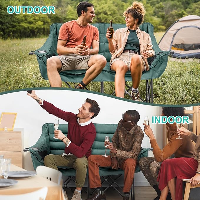 DoCred Double Camping Chair - Oversized Loveseat, 2 Person Camping Chair for Adults Heavy Duty,Two Person Folding Chair with Cup Holder, Supports up to 500 LBS for Outside Picnic Beach Travel