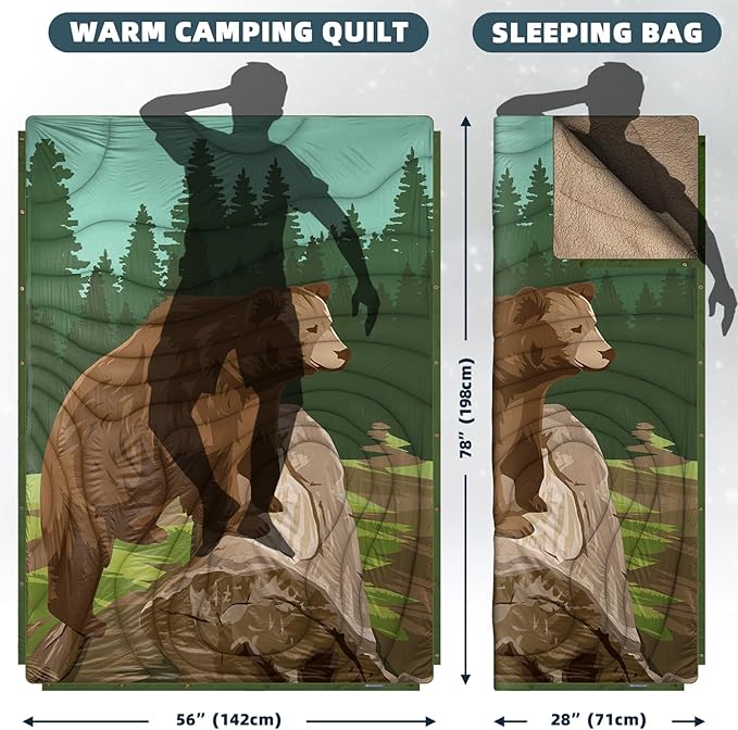 Outdoor Camping Blanket with Sherpa Lining, Extra Warm Thick Camp Blankets and Puffy Ultralight Soft Poncho DWR Camping Quilt for Cold Weather, Adventure, Sleeping, Backpacking 78"x 56"