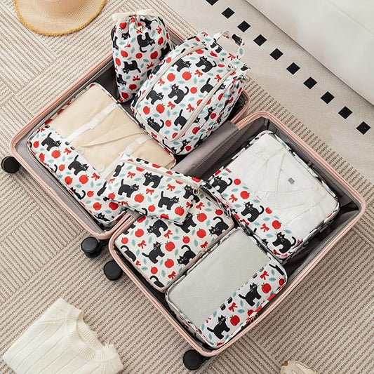 Packing Cubes for Travel 7 Set Luggage Organizer Bags for Family Mesh Breathable Travel Packing Organizers Durable Travel Essentials Suitcases Organizer Bags Set (Apple Cat)