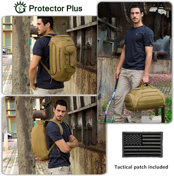Protector Plus Tactical Duffle Bag Men Sports Gym Backpack Military MOLLE Luggage Suitcase Travel Camping Outdoor Rucksack (Rain Cover & Patch Included), Brown, 35L