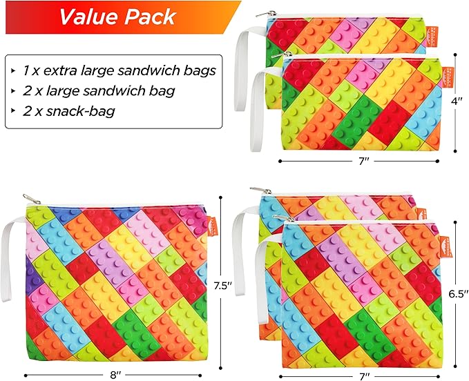Nordic By Nature Reusable Sandwich Bag Snack Bags - Value Pack of 5 Dual Layer Lunch Baggies - Dishwasher Safe - Eco Friendly Cloth Wraps - Easy Open Zipper (Color Blocks)