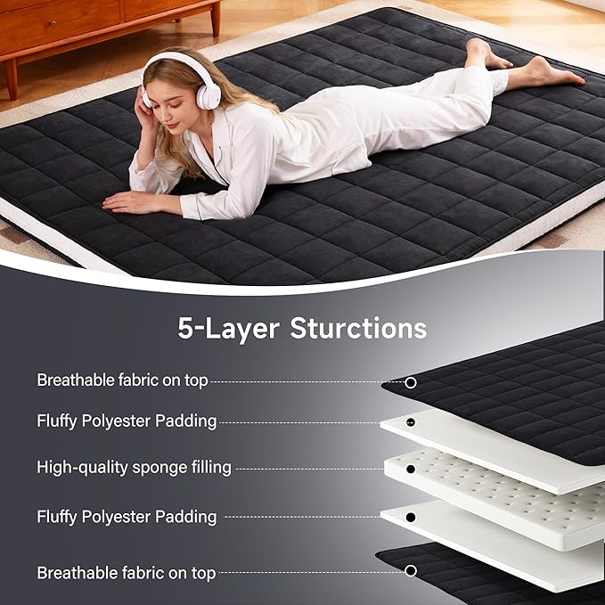 Welnow Japanese Futon Floor Mattress, Twin Size Thick Tatami Mat Portable & Foldable Roll Up Floor Bed Mattress with Storage Bag, Sleeping Pad for Adults, Dorm, Guest Bed, Camping and Travel, Black