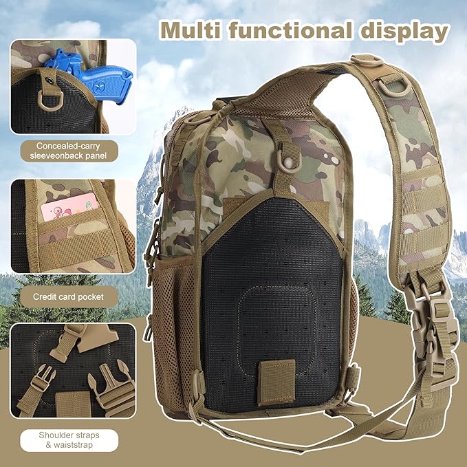 Rover Sling Pack Tactical Shoulder Sling Bag Backpack with Bottle Holder Crossbody Chest Bag, CP Camo