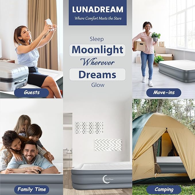 LunaDream Eclipse Series Queen Air Mattress with USB Rechargeable Built-in Pump, Wireless Inflatable Airbed, Durable Leakproof Design, Portable for Home & Camping