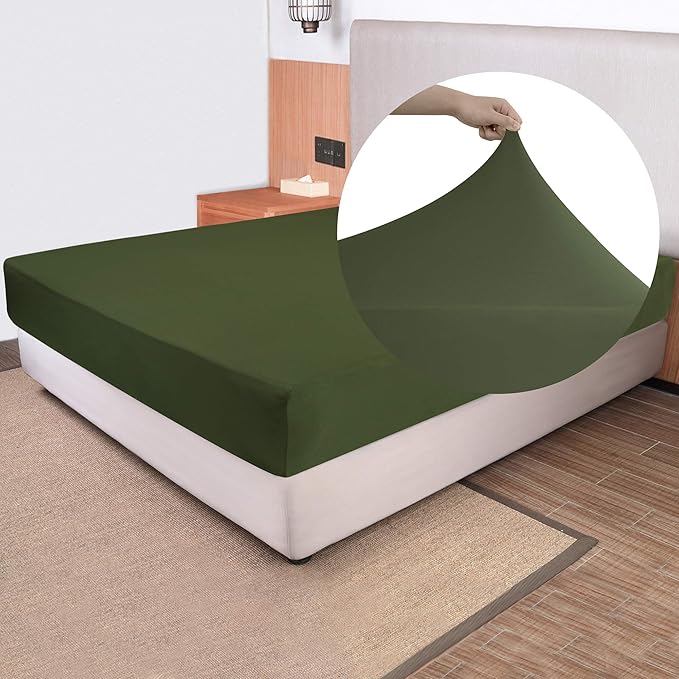 Soft Stretch King Size Fitted Sheet Only - Jersey Knit & Cozy T-Shirt Like, 4-Way Stretchy Snug Fit & Wrinkle Free, No More Slipping Mattress Sheets - Dark Olive Green, King