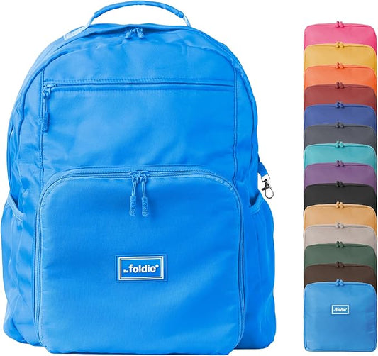 The Foldie Packable Backpack for Travel 32L - Lightweight Foldable Backpacks with Trolly Sleeve & RFID Protection - Water-repellent Casual Daypack Backpacks for Hiking, Camping & Gym - Azure Blue