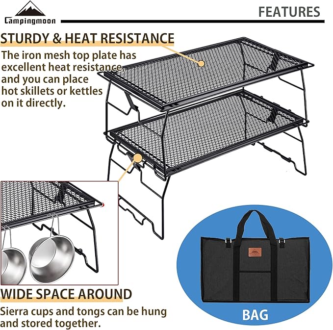 CAMPINGMOON 2pcs Campfire Grill Storage Rack Camping Grill Steel Foldable Stackable T-238