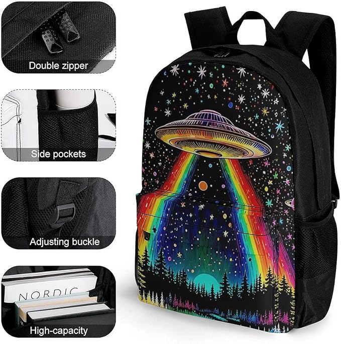 Supdreamc Men Women Polyester Trippy Space Ufo Boat Art Daypack Backpack Large Capacity Carry On Bag With Smooth Zippers for Hiking Picnic Walking Cycling
