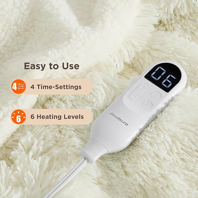 Bedsure Faux Fur Heated Blanket Throw Blanket, Fast Heating Fluffy Electric Blanket, Heated Throw with 4 Time Settings & 6 Heating Settings, Cozy Gifts for Women Men(50x60 inches, Cream)