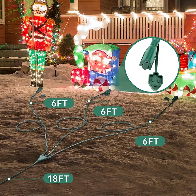 BN-LINK 1 to 3 Splitter Extension Cord, 24 ft End to End(36 ft Total), Multi-Outlet Power Cord, 16/3 SJTW Weather Resistant for Lighting, Landscaping & Holiday Decorations, Grounded, ETL