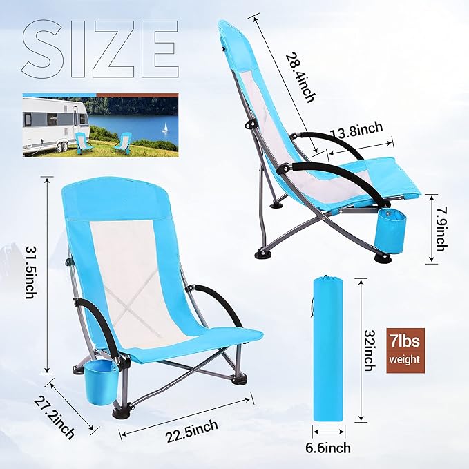 Beach Chairs Beach Chairs for Adults Folding Camping Chair with High Mesh Back w/Carry Bag and Cup Holder, Portable Lightweight for Outdoor, Beach, Camping, Picnic (2-Pack Blue)