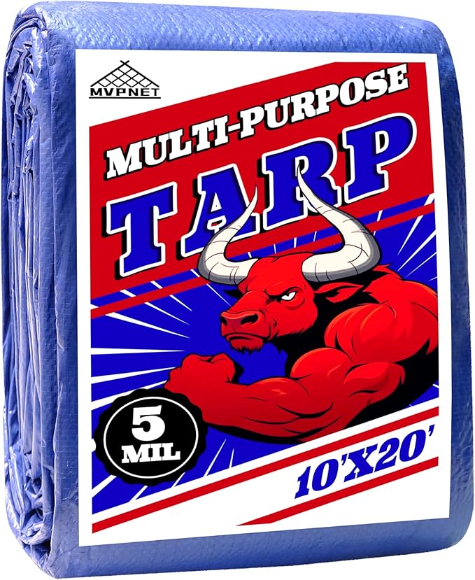 Tarp 10x20 ft 100% Waterproof Uv Resistant High Durability Multipurpose 5mil Blue Tarp for Covering Courtyards, Cars, Camping, Gardens, Pet Nests -by MVPNET