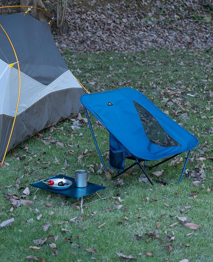 iClimb Low Ultralight Compact Camping Folding Chair with Side Pocket and Carry Bag (Blue)