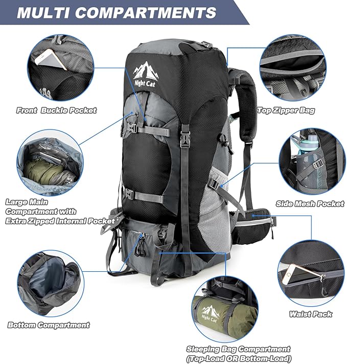 Night Cat Hiking Backpacks 90L Camping Backpacking Packs for Men Women Lightweight Outdoor for Mountaineering Traveling, No Internal Frame