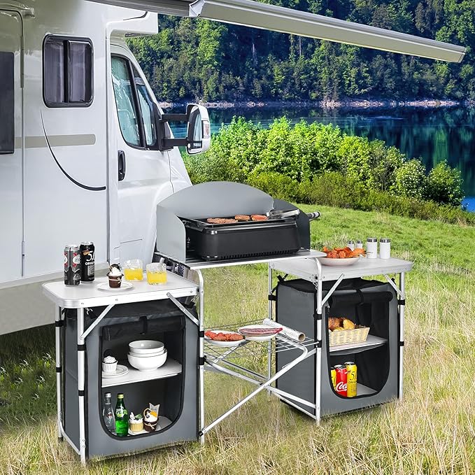 Giantex Camping Kitchen Station, Folding Grill Table with 26'' Tabletop, 2 Side Tables, Storage Organizer, Detachable Windscreen, Portable Camp Cook Outdoor Prep Station Backyard BBQ Picnic (Grey)