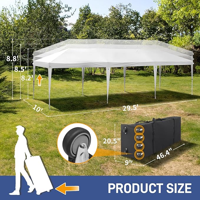 Outvita 10x30ft Ez Pop Up Canopy, Portable Instant Canopy Tent with 8 SideWalls for Outdoor Events, Party, Wedding, Birthday,Graduation White