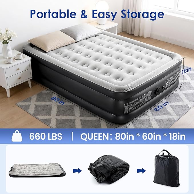 Camping Air Mattress Queen with Built in Pump 18" Thickness 660lbs Heavy Duty Comfortable Blow up Air Mattress with Carry Bag Inflatable Foldable Flocked Top Air Bed for Travel, Home (Black & Grey)