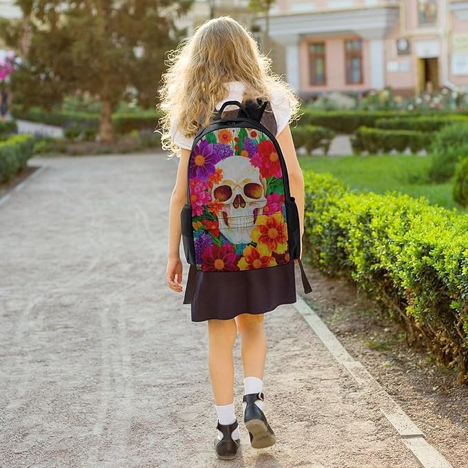 Rucksack Polyester Anti-Theft Multipurpose Colorful Sugar Skull Floral Bookbag Big Capacity Travel and Sport Backpack Rucksack With Side Pockets