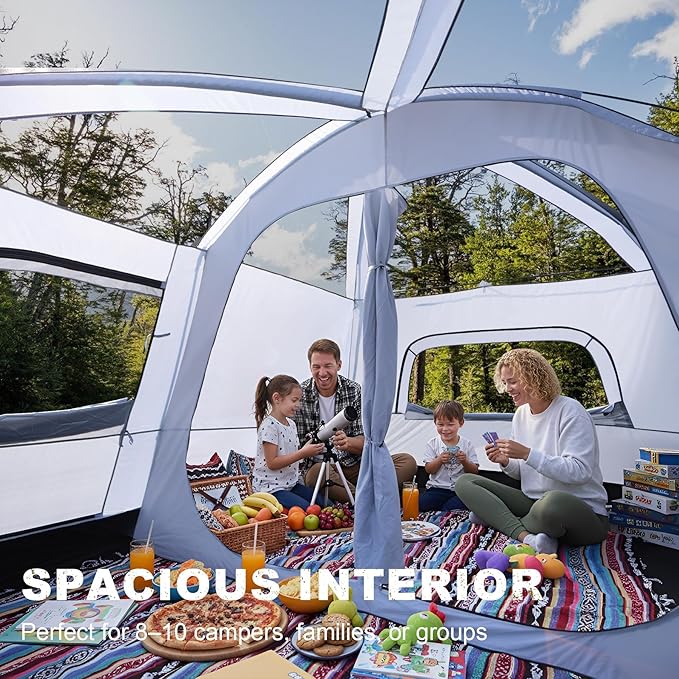 4-6 Person Camping Tent, Large Family Cabin Tents with Porch & Rainfly, Double Layer Waterproof Glamping Tent with 2 Rooms 2 Doors, Portable Big Tents for Outdoor Camping Hiking Party