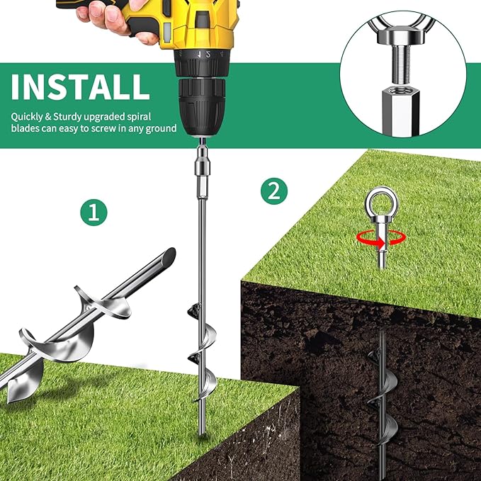 Phopich Ground Anchors Screw in, Swing Set Anchors Heavy Duty Tent Stakes Trampoline Anchors, 15" Spiral Earth Anchors with Straps for High Winds