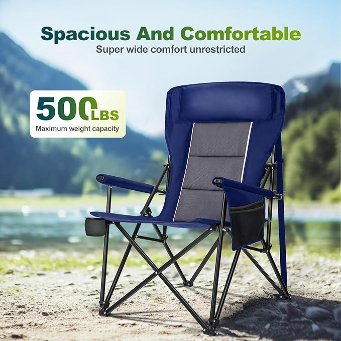 ALPHA CAMP Oversized Folding Camping Chairs High Backrest Heavy Duty Lawn Chairs for Adults Support 500 LBS Portable Camp Chairs with Cup Holders Large Side Pocket Outdoor Chair 2 Pack