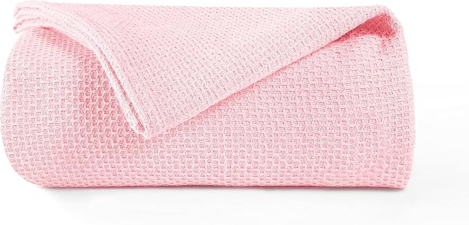 BOUTIQUO 100% Cotton Bed Blanket, Breathable Thermal Blanket Full - Queen Size, Soft Honeycomb Waffle Blanket 90"x90", Cotton Bed Blanket, Perfect for Layering Any Bed for All Season, Pink