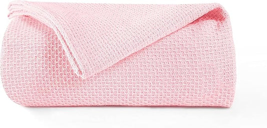 BOUTIQUO 100% Cotton Bed Blanket, Breathable Thermal Blanket Full - Queen Size, Soft Honeycomb Waffle Blanket 90"x90", Cotton Bed Blanket, Perfect for Layering Any Bed for All Season, Pink