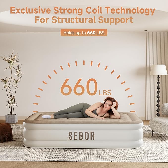 Sebor Air Mattress Full with Built-in Pump 18", Comfortable Self-Inflating Air Mattress with High-Speed Pump, Durable Blow Up Mattress Full with Storage Bag for Guests, Camping, Travel