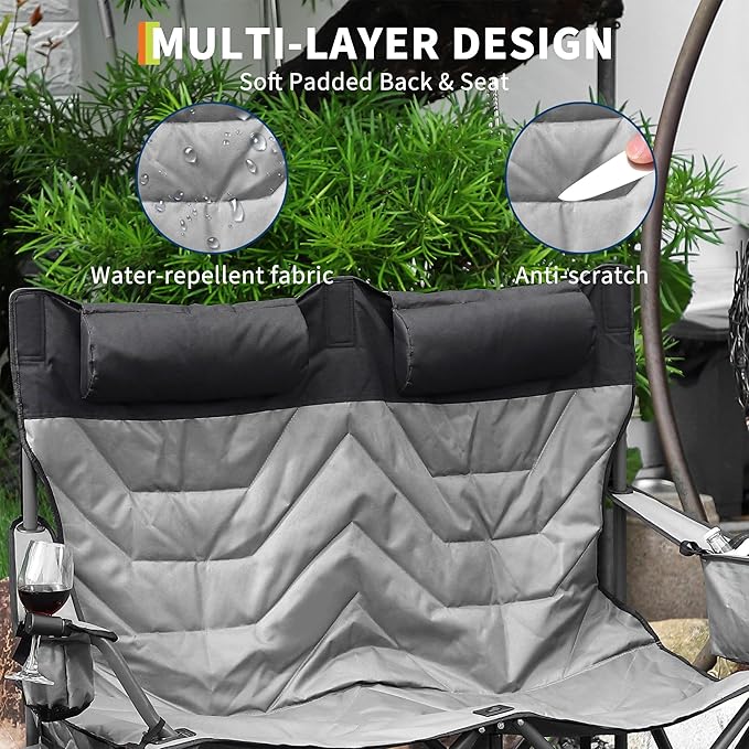 GAOMON Oversized Double Camping Chair with High Back, Pillow - Heavy Duty Folding Loveseat for 900lbs Capacity, Portable Support for Camping, Beach, Backyard