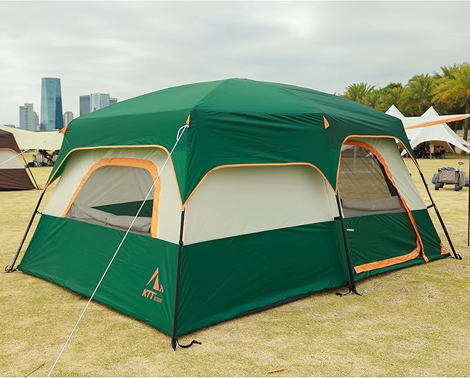 KTT Extra Large Tent 6-10-12-14 Person(Style-B),Family Cabin Tents,2 Rooms,3 Doors and 3 Windows with Mesh,Straight Wall,Waterproof,Double Layer,Big Tent for Outdoor,Picnic,Camping,Family Gathering