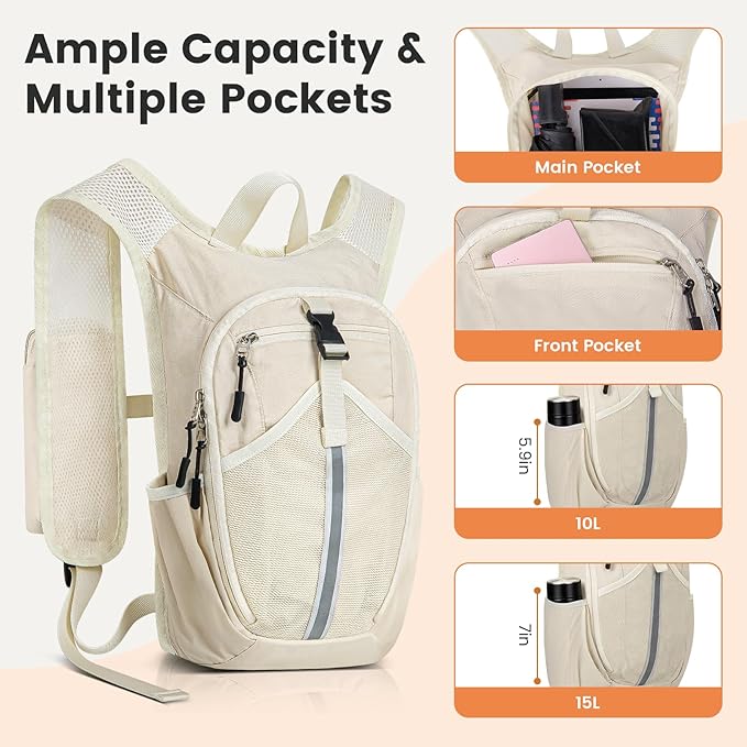 Small Hiking Backpack 10L-Lightweight Packable Foldable Backpack for Travel Camping Outdoor Commute,Compact Rucksack for Women Men(Beige)