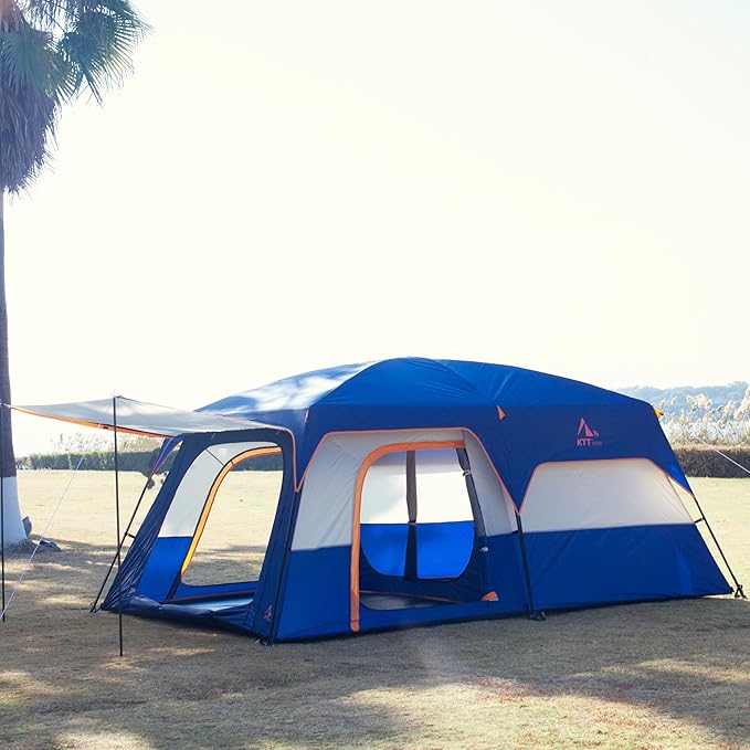 KTT Extra Large Tent 6-10-12-14 Person(Style-B),Family Cabin Tents,2 Rooms,3 Doors and 3 Windows with Mesh,Straight Wall,Waterproof,Double Layer,Big Tent for Outdoor,Picnic,Camping,Family Gathering