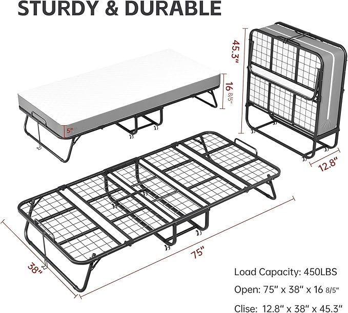 INTERGREAT Folding Bed with Mattress for Adults, Foldable Rollaway Twin Beds for Adults, 75" x 38" Portable Folding Guest Bed for Easy Storage, Super Strong Frame for Guest Room, Small Apartment