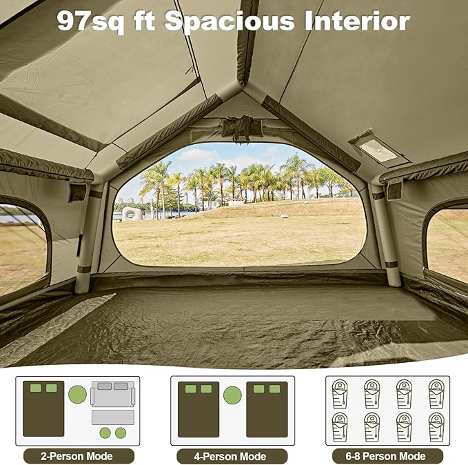 Inflatable Tents for Camping with Stove Jack, 2/4/6/8 Person Easy Setup Blow Up Tents for 4 Seasons Waterproof Inflatable Camping Tent with Awning, Air House Glamping Tents for Camping Adult