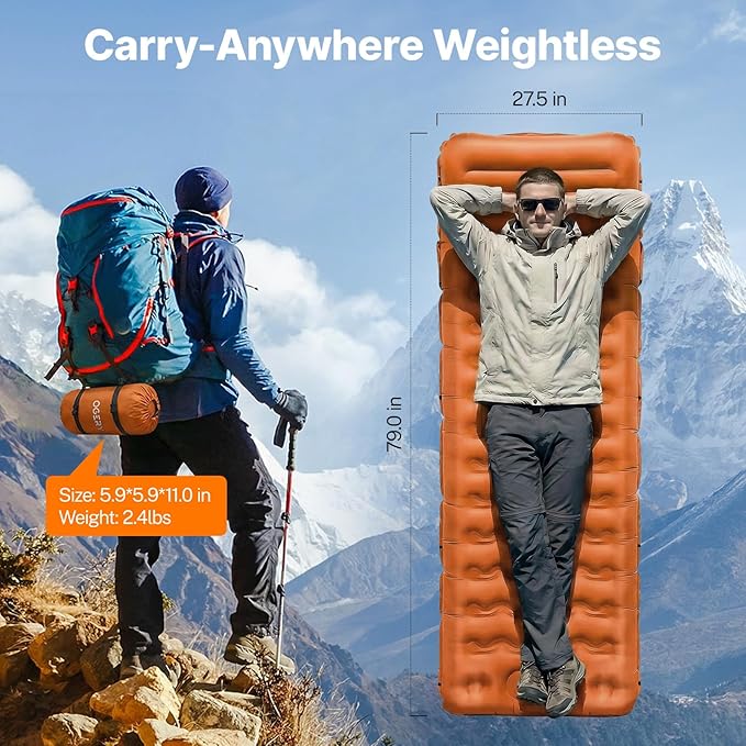 OGERY Sleeping Pad, Ultralight Self Inflatable Sleeping Pad for Camping with Pillow Built-in Foot Pump, 6" Extra-Thick Reinforced Camping Pad for Hiking, Backpacking, Tent, Single