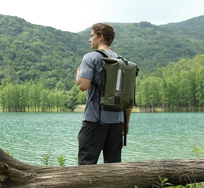 MARCHWAY Roll Top Waterproof Backpack, Floating Dry Bag 20L/30L/45L with Ergonomic Rectangular Base, Cushioned Back, Hip Strap for Hiking Camping Kayaking Travel (Army Green, 45L)
