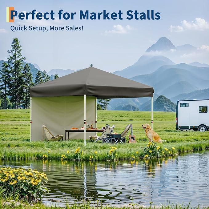 10x10 Pop Up Canopy Tent with 1 Removable Sidewall, Heavy Duty Commercial Instant Shelter with One-Person Setup, UPF 50+ Waterproof, 100 Sq Ft Shade for Outdoor Events, Camping, Farmers 1-Sidewall
