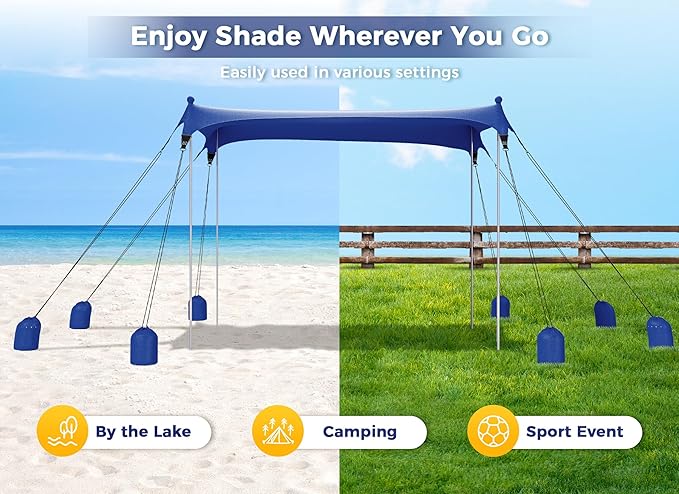 Gorich Beach Tent Sun Shelter with 8 Sandbags, UPF50+ Protection & Windproof Pop Up Beach Canopy Tent Sun Shade for Family, Travel & Camping, Easy Setup Canopy Umbrella