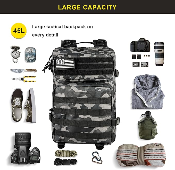 Zavothy 45L Military Tactical Backpack, Army 3-Day Assault Pack Bug Out Bag for Hiking Camping | Army, Bag, Large Rucksack, with Molle System
