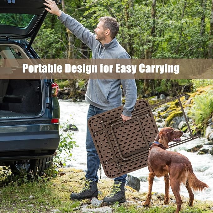 Tangkula 23.5" Square Folding Table, Indoor Outdoor Foldable Plastic Table with Rattan Textured HDPE Tabletop, Sturdy Metal Fame, Carrying Handle, 4 Person Picnic Table for Camping BBQ Party