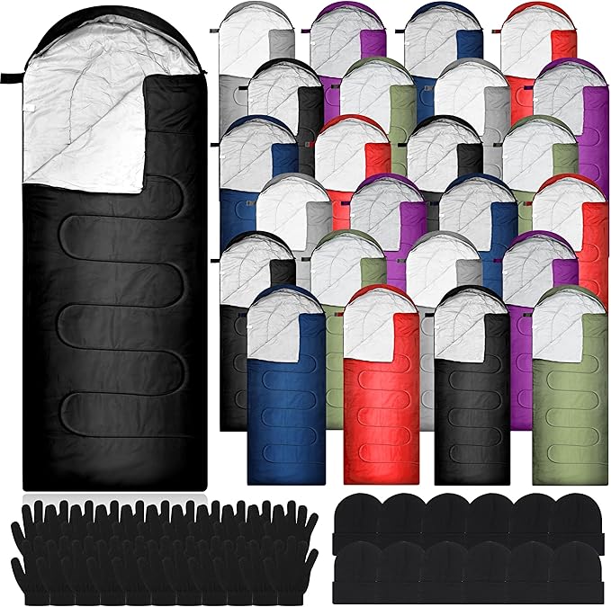 Preboun 24 Sleeping Bags Winter Beanies Gloves Set for Homeless Warm or Cold Weather Sleeping Bags Winter Hat and Gloves Pack for Backpacking Camping Hiking Homeless Supplies