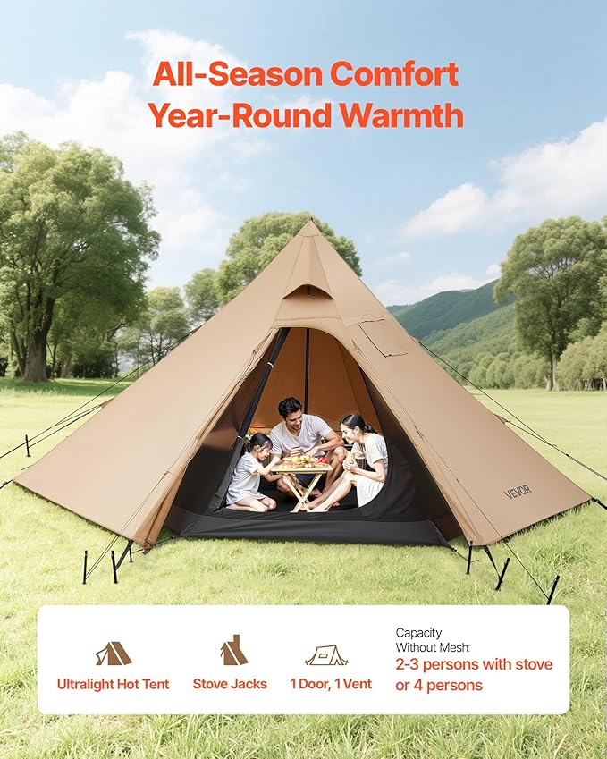VEVOR Hot Tent, Camping Tipi Hot Tents with Stove Jack, Portable Winter Camping Tents with Snow Skirt, Easy Setup, Waterproof 4 Season Shelter Tents for Fishing Backpacking
