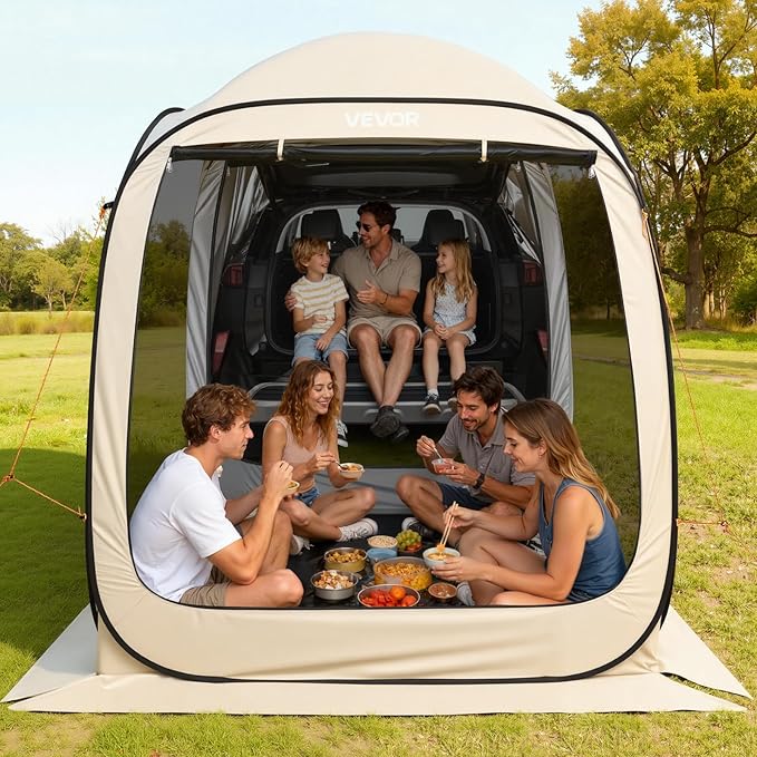 SUV Tailgate Tent VEVOR, 6 x 6 ft Pop-Up Screen House Canopy for 4–6 Person, Portable Screened Shelter with Carry Bag, for Car Camping, Backyard, Patio, Outdoor Activities