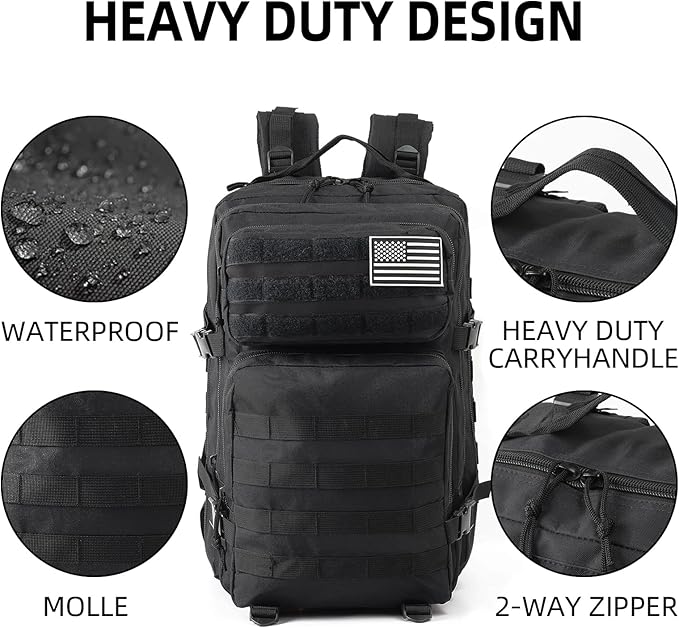 J.SH Large Military Tactical Backpack for Men, Army Assault Pack Bag with MOLLE System, 3-Day Bug Out Bag for Outdoor Hiking, Gym, Tactical Missions, Rugged Survival & Outdoor Rescue - 45L Black