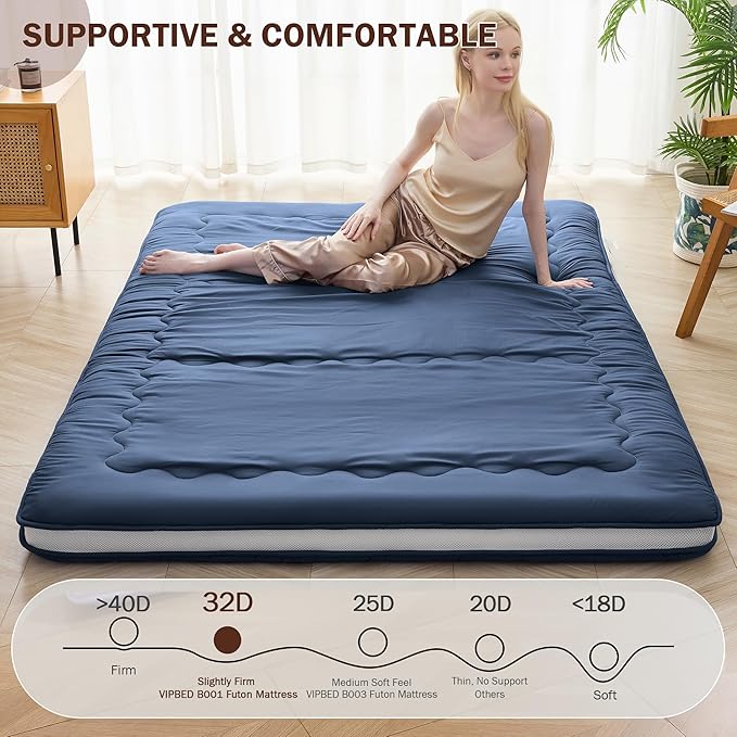 Japanese Floor Futon Mattress Twin Size, 4" Thicken Foldable Mattress Tatami Mat Sleeping Pad, 32D Foam Filled Traditional Shiki Futon (shikibuton), Designed in Japan (Navy Blue 39"x 80")