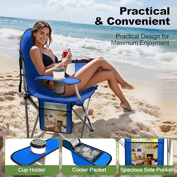 Folding Camping Chairs Durable 600D Oxford, Portable Outdoor Chair with Cooler Pouch, Cup Holder & Storage Pocket for Camping, Beach, Fishing