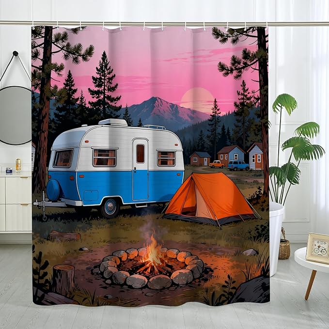 Camping Shower Curtain, Outdoor Adventure Tent Campfire Summer Blue Waterproof Fabric Design Print Bath Curtains for Bathroom Bathtub Apartment Decor 72x78 Inch