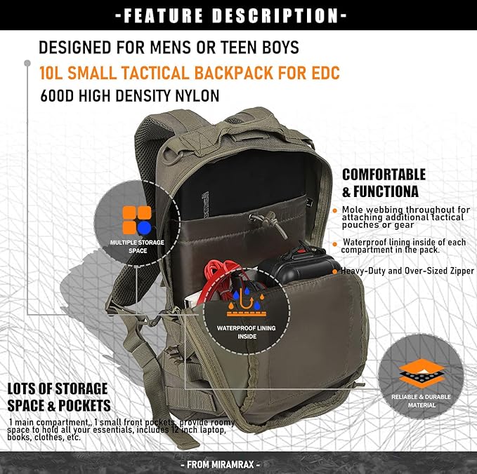 12L Small Backpack Day Pack - Mini Tactical Backpacks Military Daypack Molle Bag Rucksack Bug Out Bag for Hiking Camping Trekking (Green)