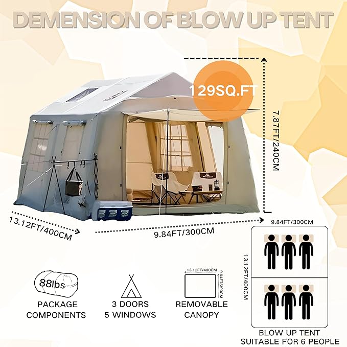 Inflatable Tent, Outdoor Easy Setup Inflatable Tents for Camping, Portable Blow Up Tent with Stove Jack, Cotton Canvas Material for Glamping, for 4 Season, 4/6/8/10 Person Use
