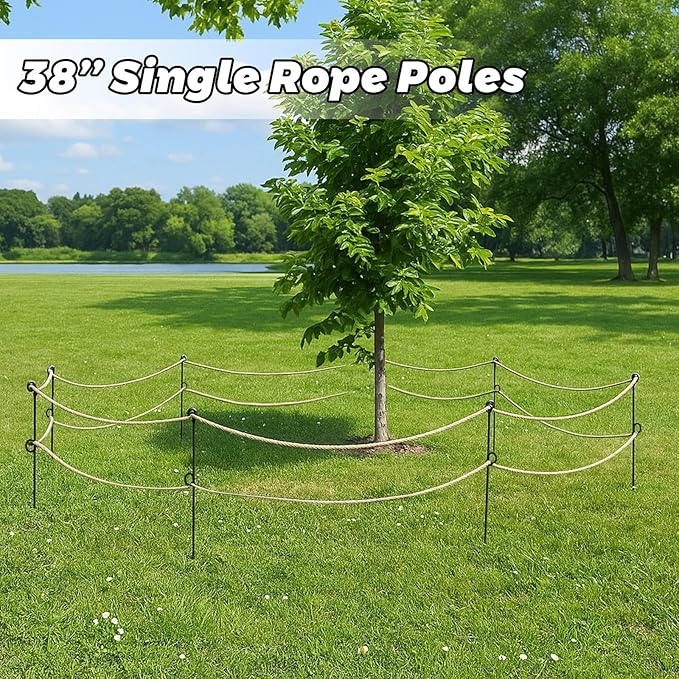 6 Pcs 42'' Double Rope Poles/Stakes Black Steel Stakes with Loop Fence Poles for Creating a Rope Border Around Flower Beds, Trees, Garden, Walkways